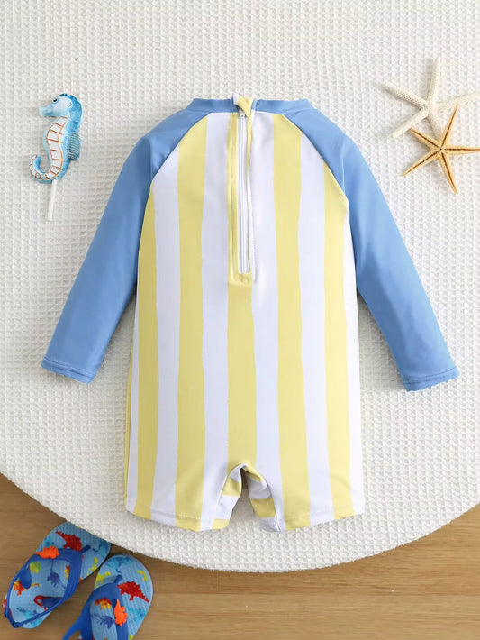 Baju Renang Rash Guard Lengan Panjang Motif Garis Patchwork Bayi Unisex