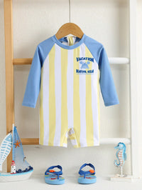 SHEIN Unisex Baby Boy Girl Cute White Yellow Striped Patchwork Long Sleeve Rash Guard Swimsuit,Sun Protection Swimwear For Summer,Vacation,Holiday,Beach
