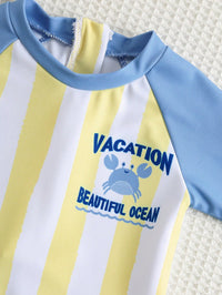 SHEIN Unisex Baby Boy Girl Cute White Yellow Striped Patchwork Long Sleeve Rash Guard Swimsuit,Sun Protection Swimwear For Summer,Vacation,Holiday,Beach