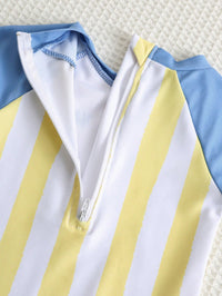 SHEIN Unisex Baby Boy Girl Cute White Yellow Striped Patchwork Long Sleeve Rash Guard Swimsuit,Sun Protection Swimwear For Summer,Vacation,Holiday,Beach