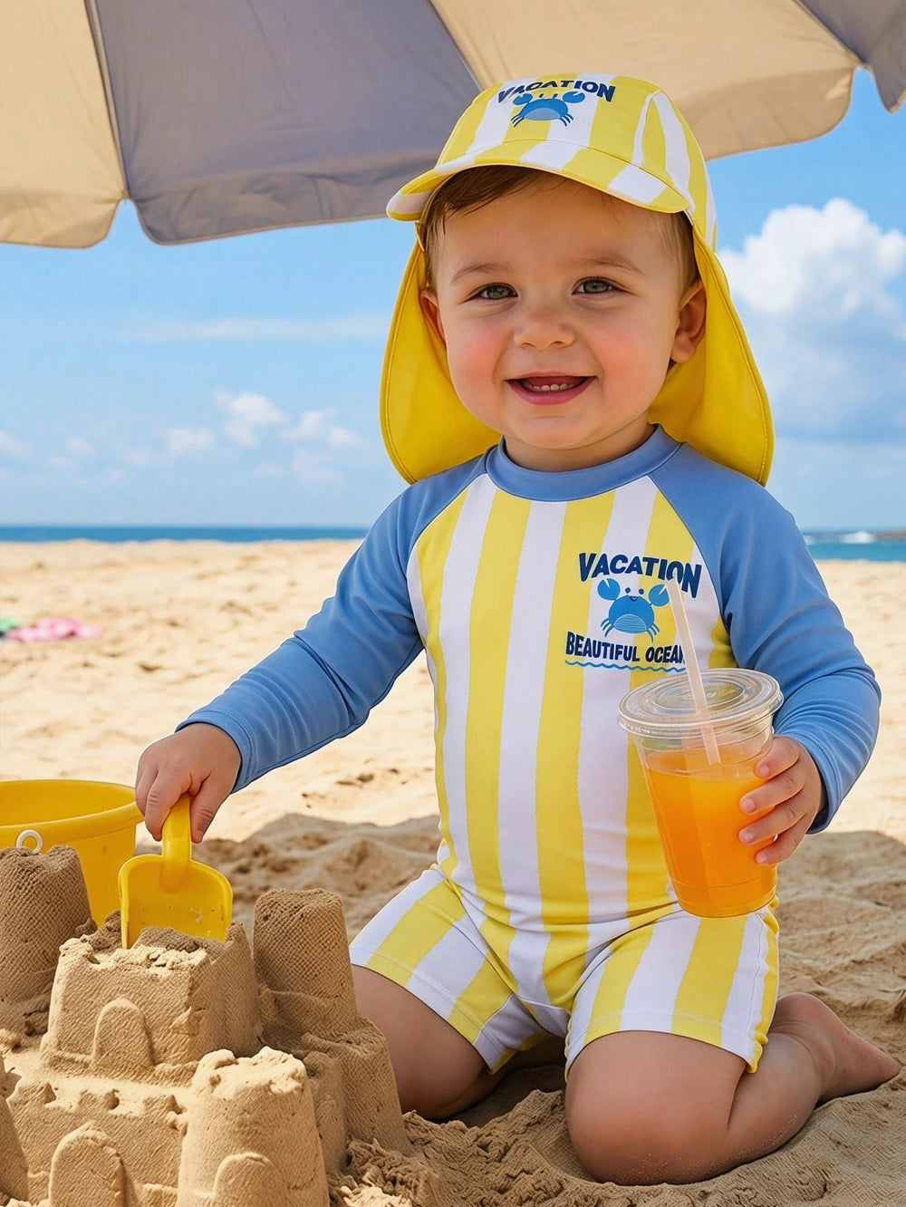 SHEIN Unisex Baby Boy Girl Cute White Yellow Striped Patchwork Long Sleeve Rash Guard Swimsuit,Sun Protection Swimwear For Summer,Vacation,Holiday,Beach