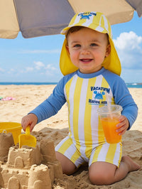 SHEIN Unisex Baby Boy Girl Cute White Yellow Striped Patchwork Long Sleeve Rash Guard Swimsuit,Sun Protection Swimwear For Summer,Vacation,Holiday,Beach