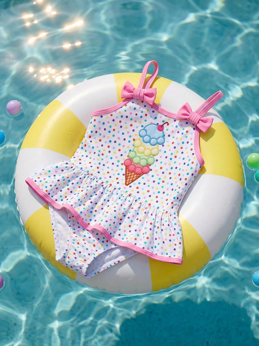 SHEIN Baby Girl Knitted Polka Dot Ice Cream Pattern Romper Swimsuit