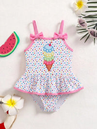 SHEIN Baby Girl Knitted Polka Dot Ice Cream Pattern Romper Swimsuit