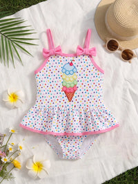 SHEIN Baby Girl Knitted Polka Dot Ice Cream Pattern Romper Swimsuit