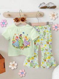 Set Kaos Putri dan Celana Flare Motif Rusa Bunga Bayi Perempuan 2 Pcs