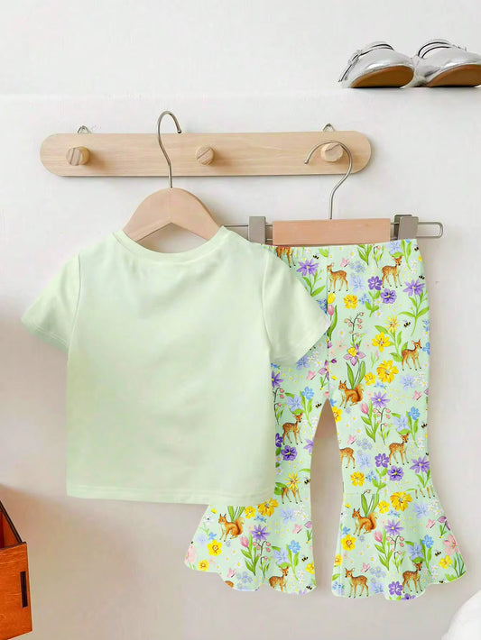 Set Kaos Putri dan Celana Flare Motif Rusa Bunga Bayi Perempuan 2 Pcs