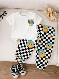 2pcs Baby Boys Black And White Checkered Plaid Outfits,Face Letter Print Short Sleeve T-Shirt & Jogger Pants Set,Summer Casual Cute Beach Sportswear