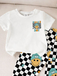 2pcs Baby Boys Black And White Checkered Plaid Outfits,Face Letter Print Short Sleeve T-Shirt & Jogger Pants Set,Summer Casual Cute Beach Sportswear