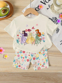 Summer Baby Girl Casual Multi-Piece Set, Brown & Apricot Leopard Print Cartoon Rabbit Pattern, Round Neck Short Sleeve T-Shirt & Shorts