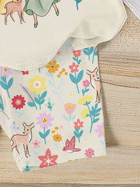 Summer Baby Girl Casual Multi-Piece Set, Brown & Apricot Leopard Print Cartoon Rabbit Pattern, Round Neck Short Sleeve T-Shirt & Shorts