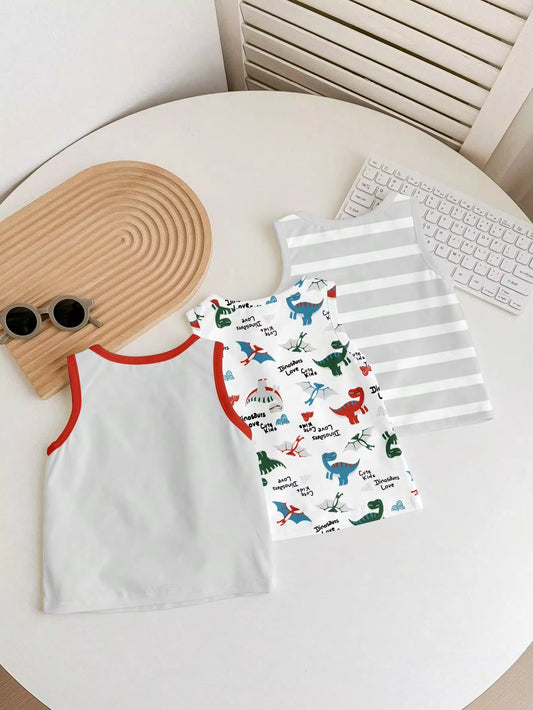 Kaos Tanpa Lengan Santai Motif Dinosaurus Bayi Laki-Laki 3 Pcs