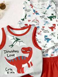 3pcs Baby Boy Casual Minimalist Sleeveless Tops Suitable For Summer, Classic Cute Dinosaur, Pterosaur Print, Brave Dinosaur Cartoon Print