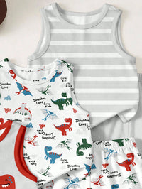 3pcs Baby Boy Casual Minimalist Sleeveless Tops Suitable For Summer, Classic Cute Dinosaur, Pterosaur Print, Brave Dinosaur Cartoon Print