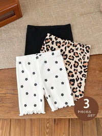 SHEIN 3pcs Baby Girl Knitted Solid Color, Floral & Leopard Print Coordinated Casual Outfit Set