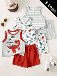 Kaos Tanpa Lengan Santai Motif Dinosaurus Bayi Laki-Laki 3 Pcs