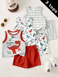 3pcs Baby Boy Casual Minimalist Sleeveless Tops Suitable For Summer, Classic Cute Dinosaur, Pterosaur Print, Brave Dinosaur Cartoon Print