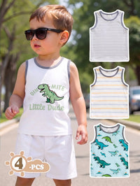 4 ชิ้น ชุดเสื้อกั๊กแขนกุดพิมพ์ลายการ์ตูนลายทางสำหรับเด็กผู้ชาย