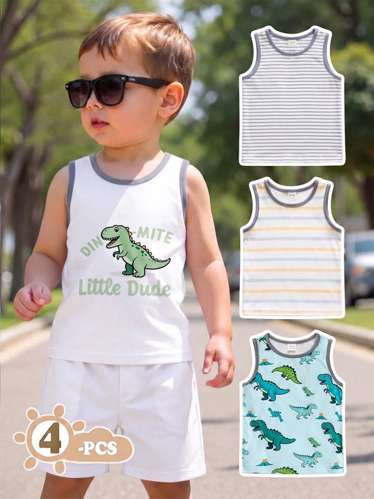 4 ชิ้น ชุดเสื้อกั๊กแขนกุดพิมพ์ลายการ์ตูนลายทางสำหรับเด็กผู้ชาย