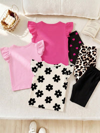 3 Sets Baby Girl Fashion Heart T-Shirt Top With Heart Print Shorts, Leopard Bow T-Shirt Top With Leopard Print Shorts, Floral Print Crew Neck Short Sleeve T-Shirt Top With Flower Print Shorts Multi-Piece Set Combination Suitable For Spring And Summer Holiday Wear