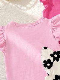3 Sets Baby Girl Fashion Heart T-Shirt Top With Heart Print Shorts, Leopard Bow T-Shirt Top With Leopard Print Shorts, Floral Print Crew Neck Short Sleeve T-Shirt Top With Flower Print Shorts Multi-Piece Set Combination Suitable For Spring And Summer Holiday Wear