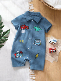 Bodysuit Lengan Pendek Motif Mobil dan Dinosaurus Bayi Laki-Laki