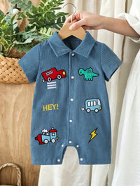 Bodysuit Lengan Pendek Motif Mobil dan Dinosaurus Bayi Laki-Laki