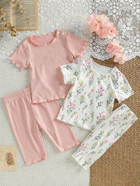 Set Piyama Lengan Pendek Motif Bunga Bayi Perempuan 4 Pcs