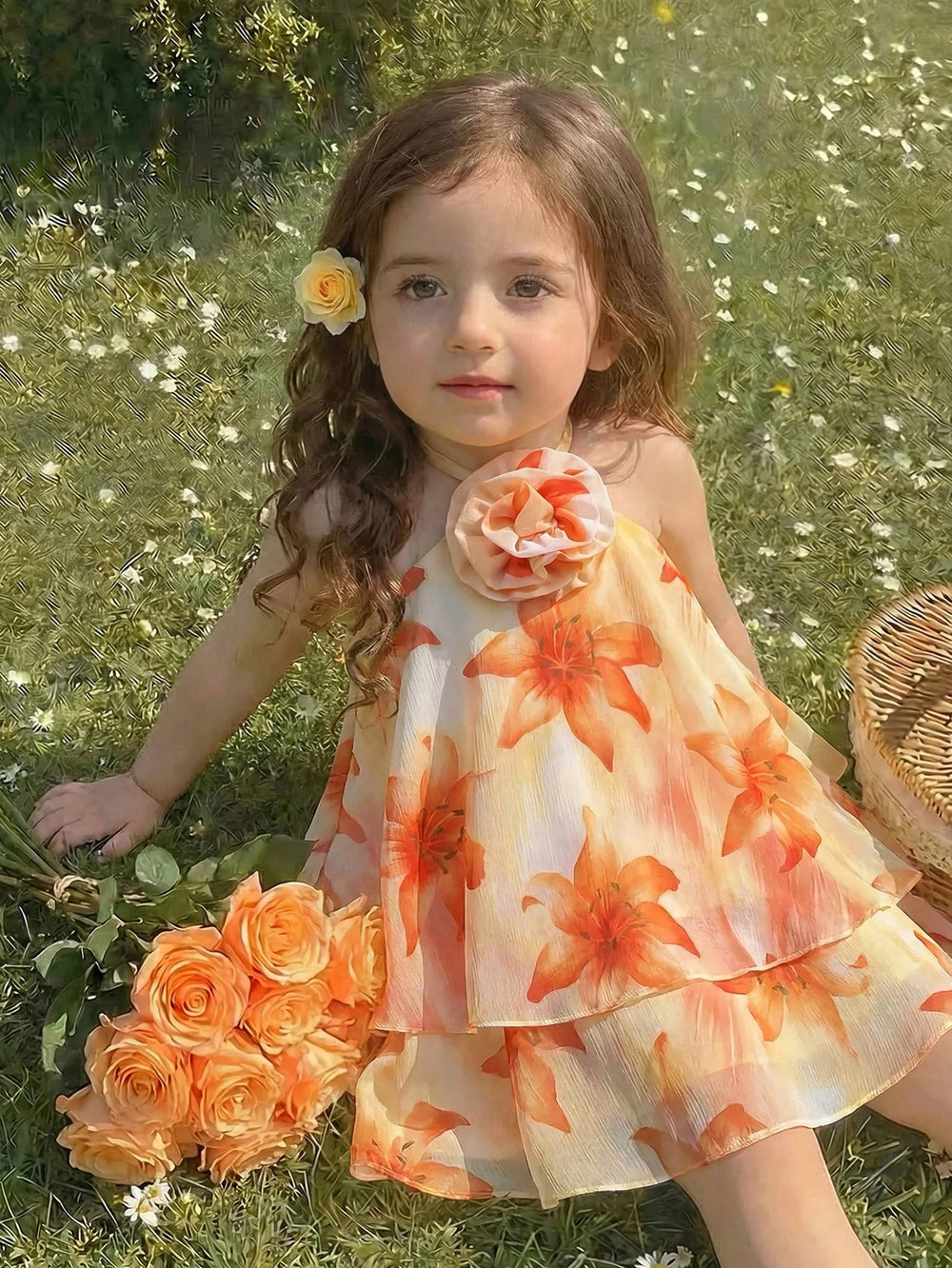 Dress Halter Bertingkat Ruffle Motif Bunga Bayi Perempuan