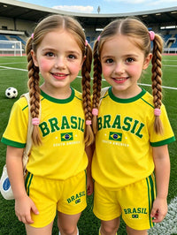 2pcs/Set Baby Girl Casual Summer Lightweight Sports Outfit, Girls Toddler Round Neck Yellow & Green Letter "BRASIL" Print Short Sleeve Top Paired With Side Stripe Shorts, National Flag Print Design, Breathable Fabric Suitable For Casual, Indoor, Outdoor, School, Party Wear