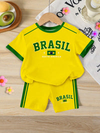 2pcs/Set Baby Girl Casual Summer Lightweight Sports Outfit, Girls Toddler Round Neck Yellow & Green Letter "BRASIL" Print Short Sleeve Top Paired With Side Stripe Shorts, National Flag Print Design, Breathable Fabric Suitable For Casual, Indoor, Outdoor, School, Party Wear