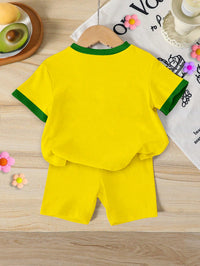 2pcs/Set Baby Girl Casual Summer Lightweight Sports Outfit, Girls Toddler Round Neck Yellow & Green Letter "BRASIL" Print Short Sleeve Top Paired With Side Stripe Shorts, National Flag Print Design, Breathable Fabric Suitable For Casual, Indoor, Outdoor, School, Party Wear