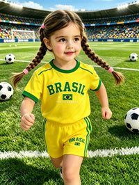 2pcs/Set Baby Girl Casual Summer Lightweight Sports Outfit, Girls Toddler Round Neck Yellow & Green Letter "BRASIL" Print Short Sleeve Top Paired With Side Stripe Shorts, National Flag Print Design, Breathable Fabric Suitable For Casual, Indoor, Outdoor, School, Party Wear