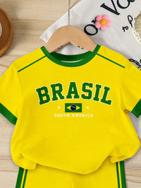 2pcs/Set Baby Girl Casual Summer Lightweight Sports Outfit, Girls Toddler Round Neck Yellow & Green Letter "BRASIL" Print Short Sleeve Top Paired With Side Stripe Shorts, National Flag Print Design, Breathable Fabric Suitable For Casual, Indoor, Outdoor, School, Party Wear