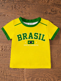2pcs/Set Baby Girl Casual Summer Lightweight Sports Outfit, Girls Toddler Round Neck Yellow & Green Letter "BRASIL" Print Short Sleeve Top Paired With Side Stripe Shorts, National Flag Print Design, Breathable Fabric Suitable For Casual, Indoor, Outdoor, School, Party Wear