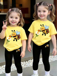 Set Kaos Motif Lebah dan Bunga Celana Legging Bayi Perempuan 2 Pcs