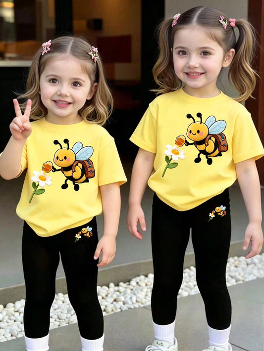 Set Kaos Motif Lebah dan Bunga Celana Legging Bayi Perempuan 2 Pcs