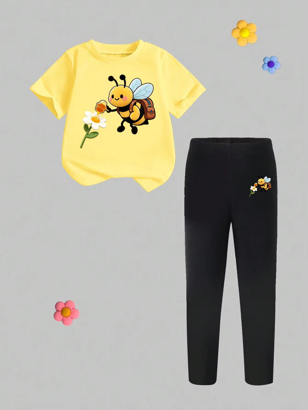 Set Kaos Motif Lebah dan Bunga Celana Legging Bayi Perempuan 2 Pcs