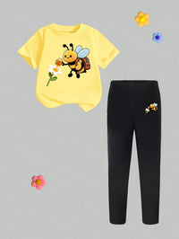 Set Kaos Motif Lebah dan Bunga Celana Legging Bayi Perempuan 2 Pcs