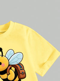 SHEIN Baby Girls 2pcs/Set Casual Fashion Versatile Spring Summer Infant Toddler Girl T-Shirt Set, Cute Sweet Lemon Yellow Top With Cartoon Little Bee And Flower Pattern, Loose Round Neck Short Sleeve T-Shirt And Black Leggings 2pcs Set, Spring Summer Clothing Set, Outing Casual Wear Back To School Party