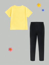 SHEIN Baby Girls 2pcs/Set Casual Fashion Versatile Spring Summer Infant Toddler Girl T-Shirt Set, Cute Sweet Lemon Yellow Top With Cartoon Little Bee And Flower Pattern, Loose Round Neck Short Sleeve T-Shirt And Black Leggings 2pcs Set, Spring Summer Clothing Set, Outing Casual Wear Back To School Party