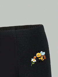 SHEIN Baby Girls 2pcs/Set Casual Fashion Versatile Spring Summer Infant Toddler Girl T-Shirt Set, Cute Sweet Lemon Yellow Top With Cartoon Little Bee And Flower Pattern, Loose Round Neck Short Sleeve T-Shirt And Black Leggings 2pcs Set, Spring Summer Clothing Set, Outing Casual Wear Back To School Party