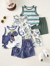 Set Kaos Tanpa Lengan Motif Dinosaurus dan Garis Bayi Laki-Laki 3 Pcs