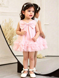 Dress Ruffle Mesh Tanpa Lengan Aksen Pita Bayi Perempuan