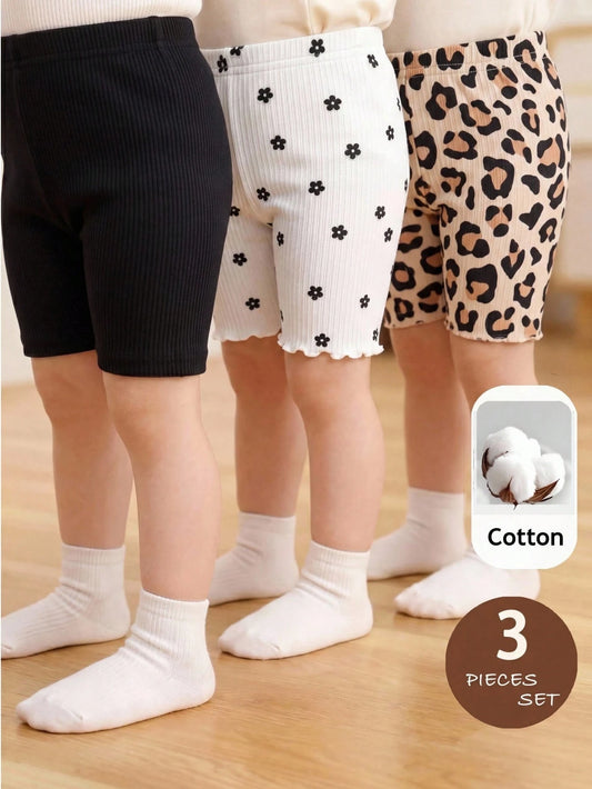 SHEIN 3pcs Baby Girl Knitted Solid Color, Floral & Leopard Print Coordinated Casual Outfit Set