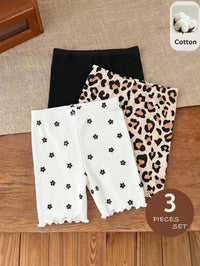 SHEIN 3pcs Baby Girl Knitted Solid Color, Floral & Leopard Print Coordinated Casual Outfit Set