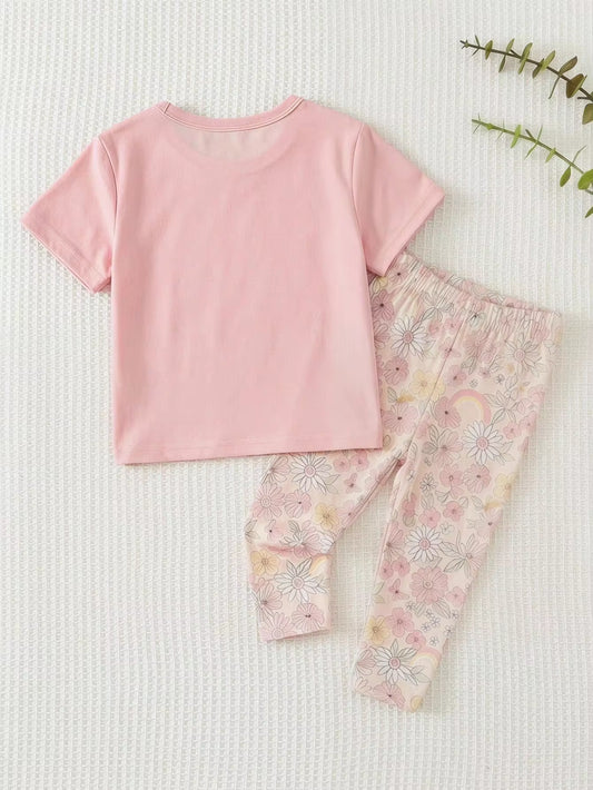 Set Kaos Leher Bulat Lengan Pendek dan Legging Bayi Perempuan 2 Pcs