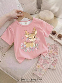 Set Kaos Leher Bulat Lengan Pendek dan Legging Bayi Perempuan 2 Pcs