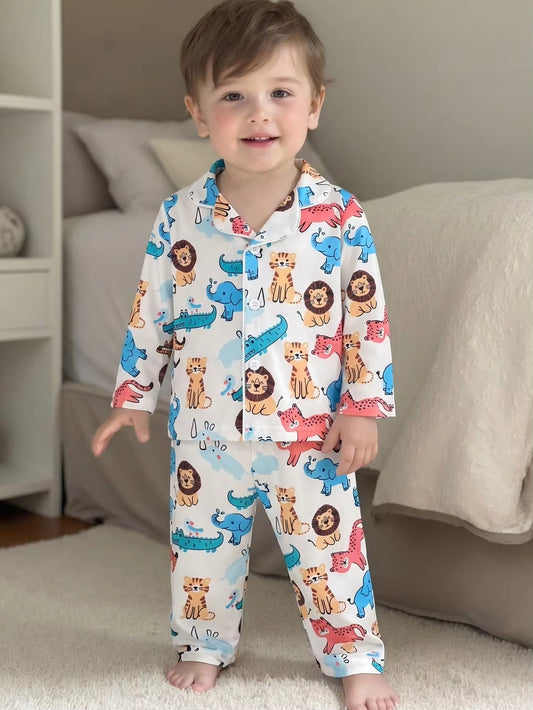 Set Baju Santai Kardigan Lengan Panjang Motif Hewan Kartun Bayi Laki-Laki 2 Pcs