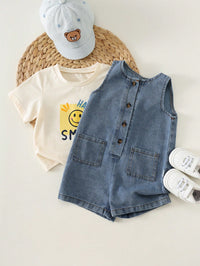 Jumpsuit Denim Kasual Musim Panas Bayi Laki-Laki Perempuan